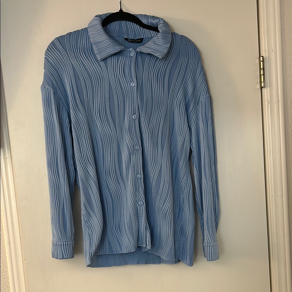 Blue Textured Button-Up Shirt
